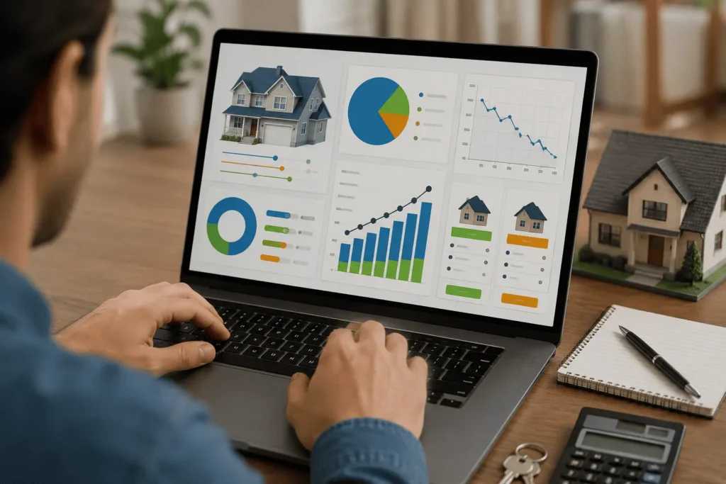 Person using mortgage calculator games on laptop with mortgage payment charts, amortization graph, and home loan comparison
