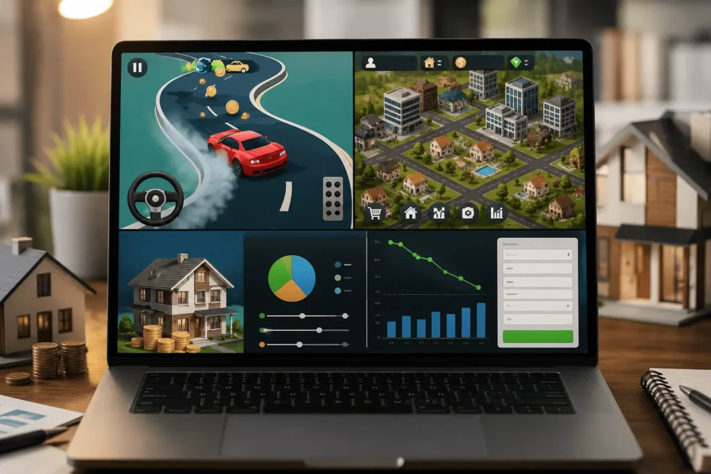 Modern laptop displaying interactive mortgage calculator games with drifting game, real estate simulation, and mortgage payment dashboard