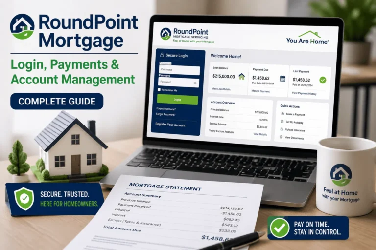 RoundPoint Mortgage login dashboard showing online payments, account management, mortgage servicing, and secure homeowner access