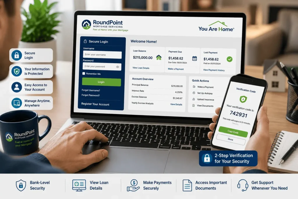 RoundPoint Mortgage login page showing secure account access, username and password fields, and two-factor authentication verification