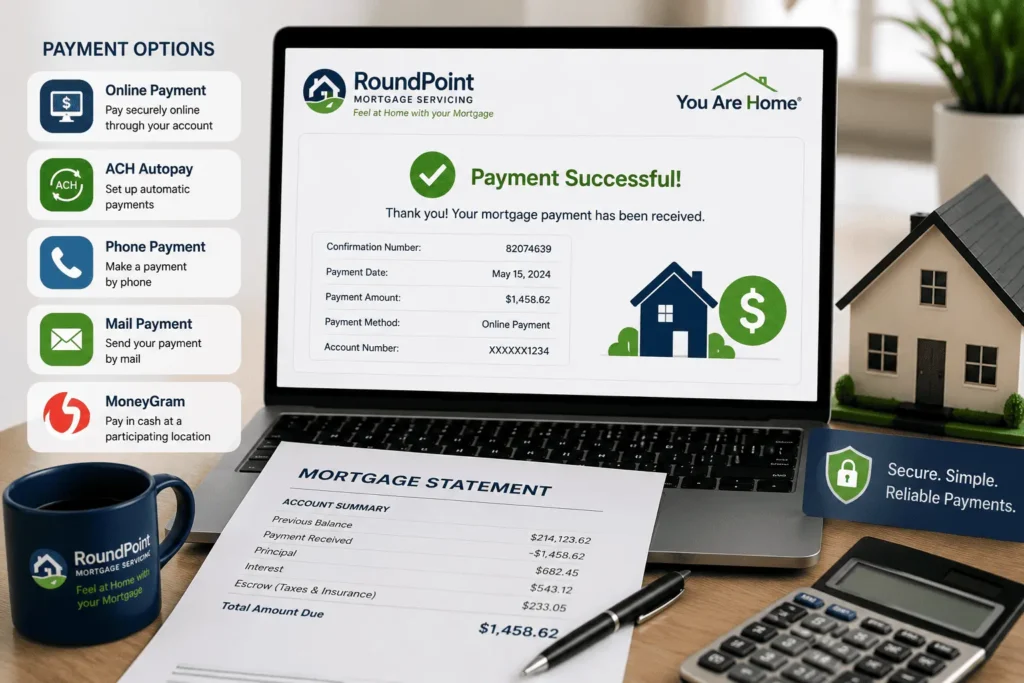 RoundPoint Mortgage payment dashboard displaying successful mortgage payment confirmation and payment methods