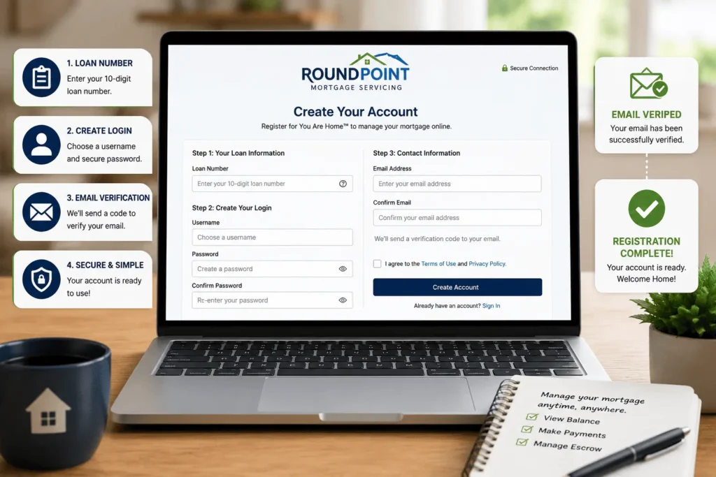 RoundPoint Mortgage Login registration page showing loan number entry, account setup, and email verification process