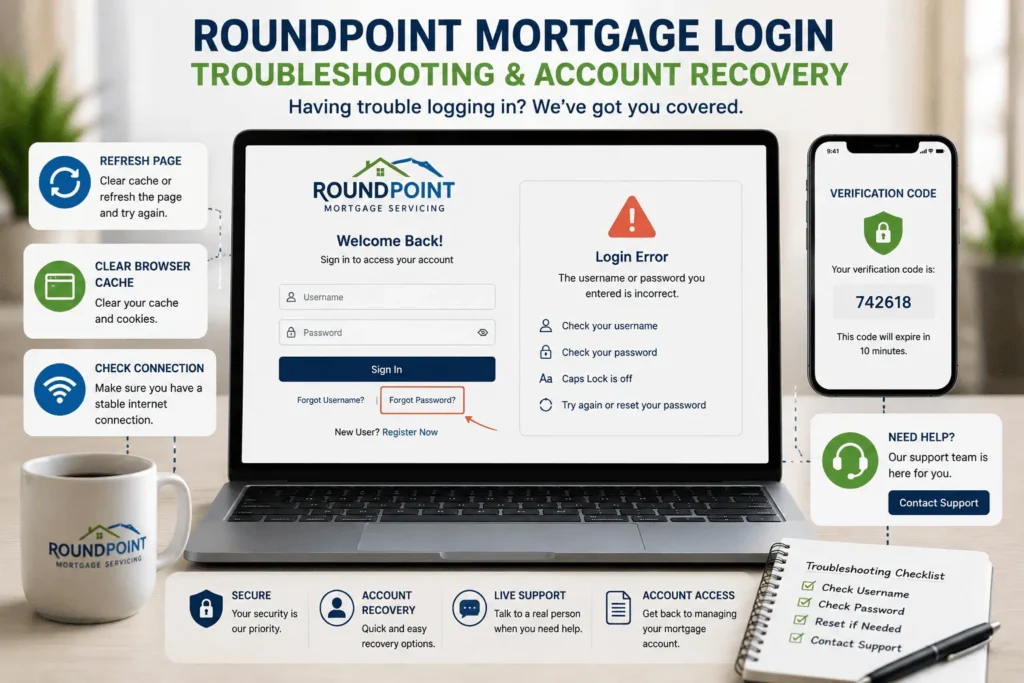 RoundPoint Mortgage Login troubleshooting guide with password recovery, verification code, and account access support