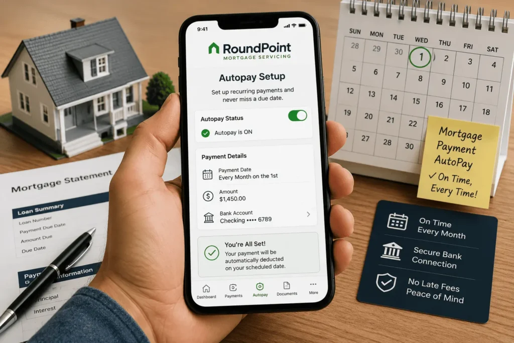 RoundPoint mortgage payment autopay screen with recurring payment schedule and secure bank account connection