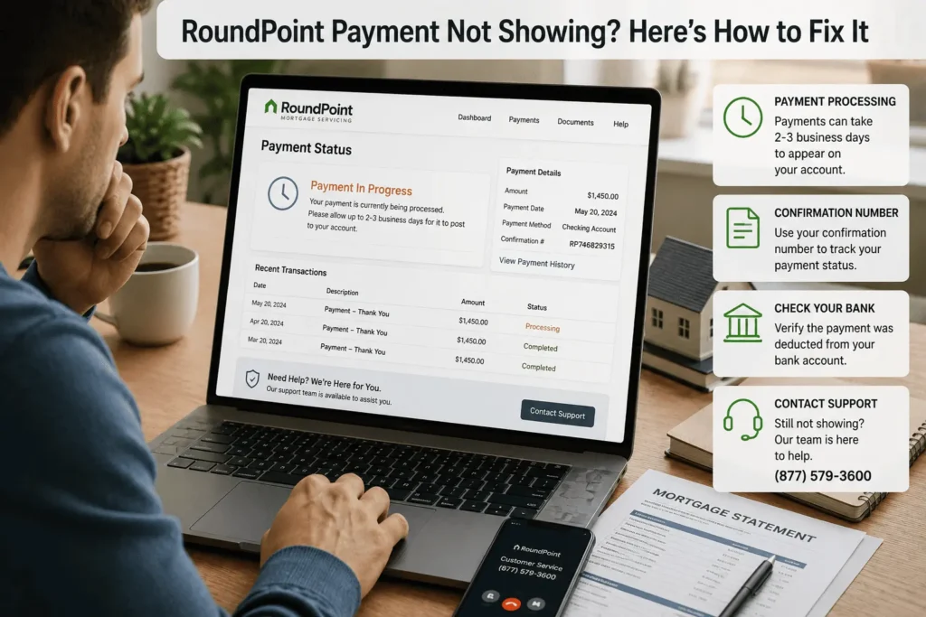 RoundPoint mortgage payment not showing on account dashboard with pending transaction status and payment tracking details