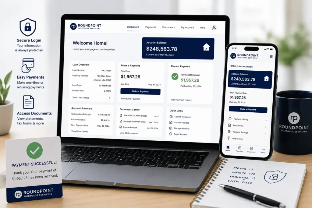 RoundPoint Mortgage phone number account dashboard showing secure login, payment history, account balance, mortgage documents, and online payment confirmation