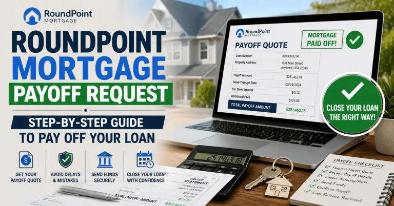 Homeowner reviewing a RoundPoint Mortgage Payoff Request and payoff quote on a laptop before completing a mortgage loan payoff process.