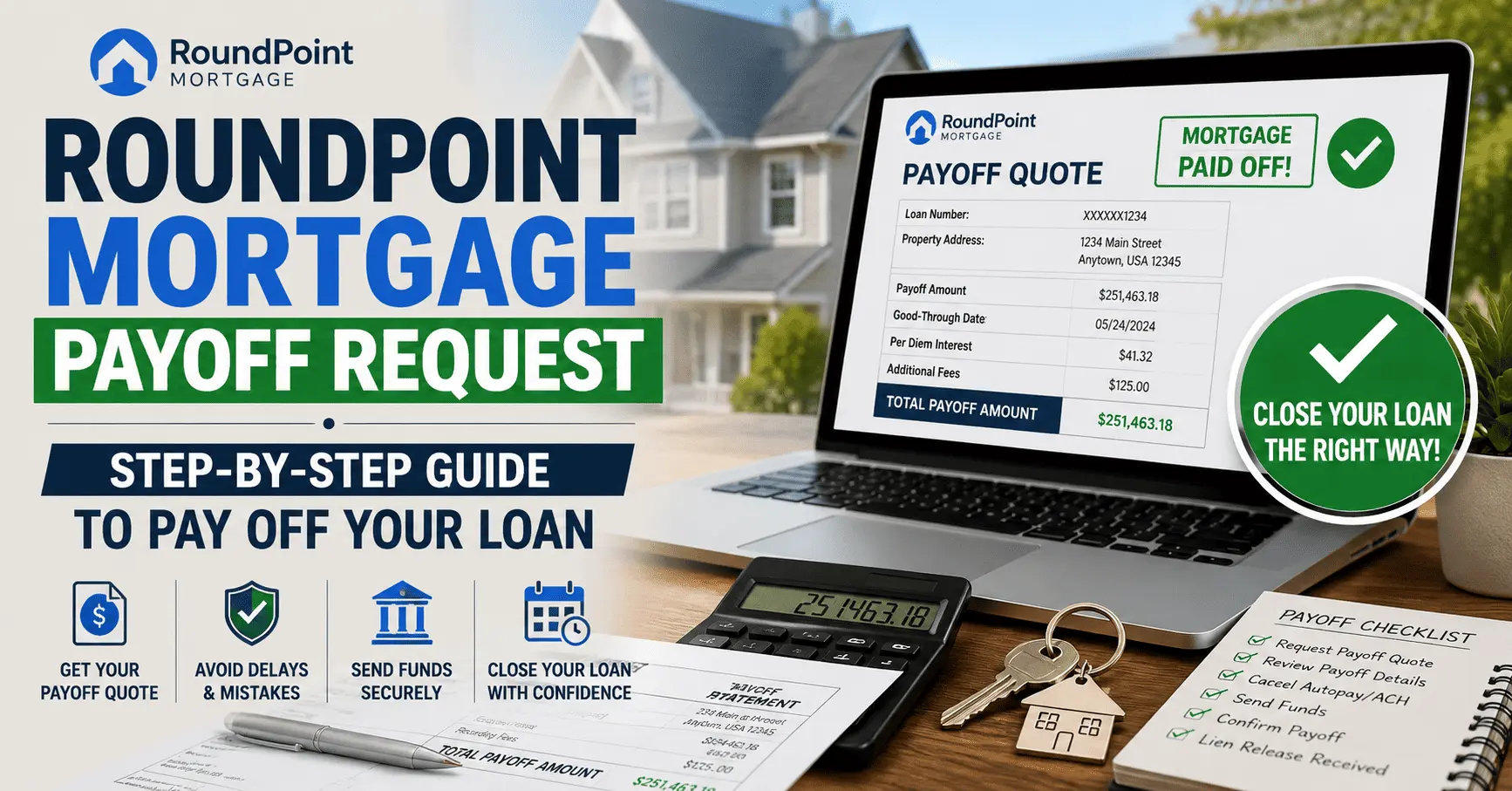Homeowner reviewing a RoundPoint Mortgage Payoff Request and payoff quote on a laptop before completing a mortgage loan payoff process.