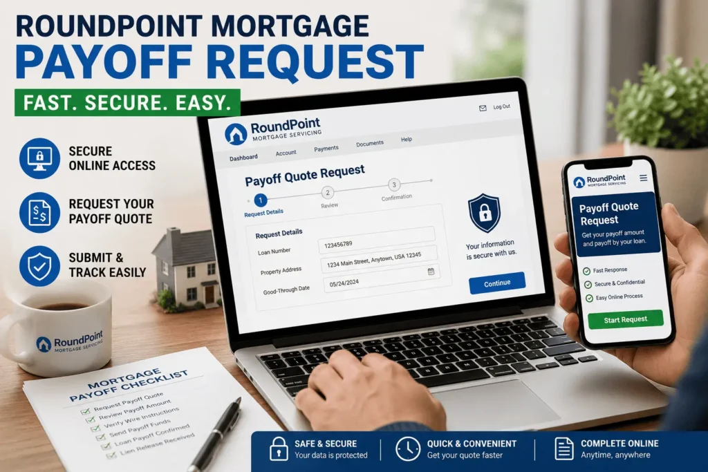 RoundPoint Mortgage Payoff Request form displayed on a secure online mortgage account dashboard with mobile access.