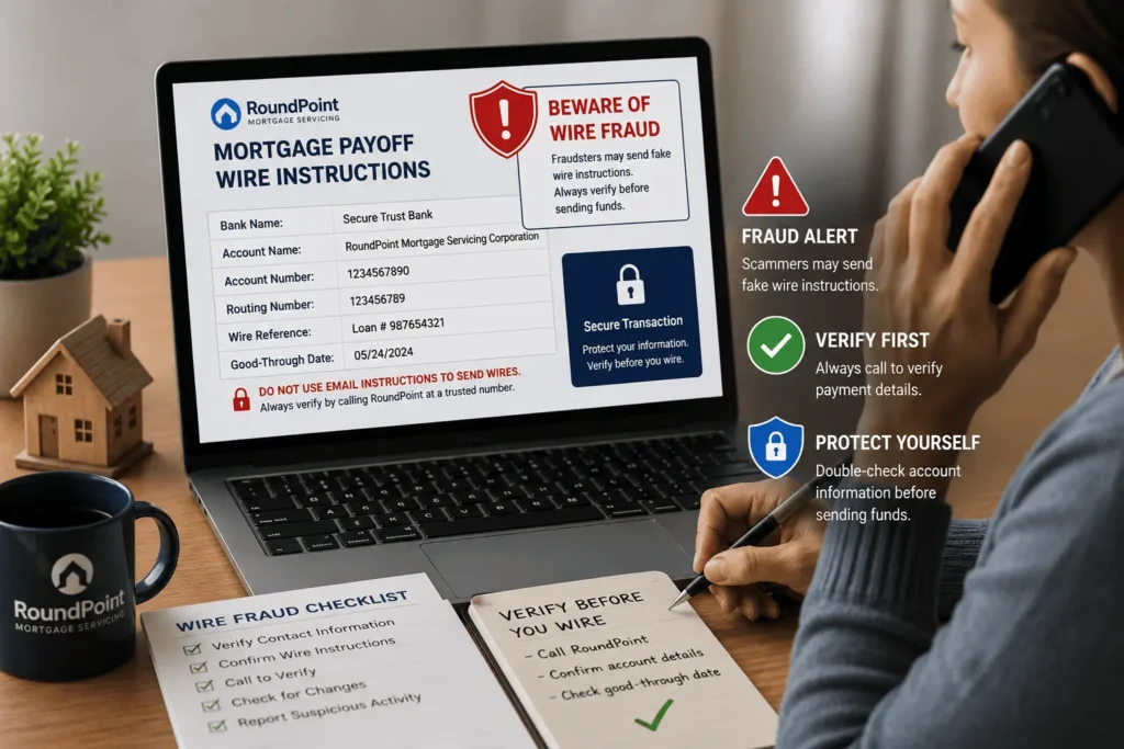 Homeowner verifying RoundPoint Mortgage Payoff Request wire instructions by phone to prevent mortgage payoff wire fraud and payment scams.