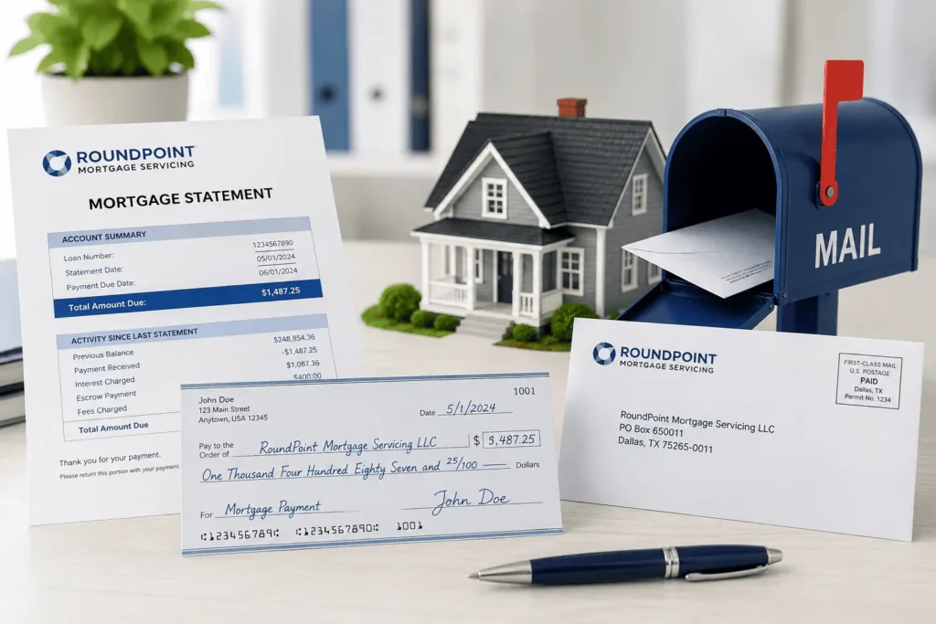 RoundPoint Mortgage Address image showing mortgage payment check, mailing envelope, statement, mailbox, and house model