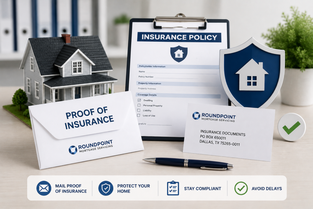RoundPoint Mortgage Address proof of insurance image with policy document, house model, verified envelope, and shield