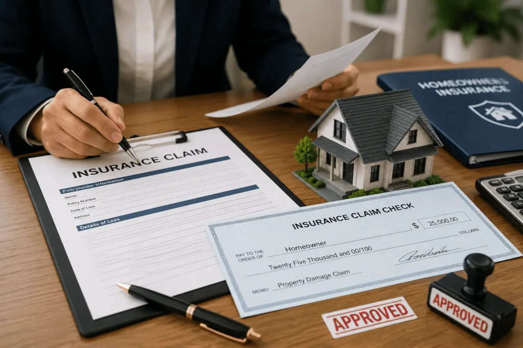 RoundPoint Mortgage Insurance Department claim check process with insurance documents, house model, and approval review.