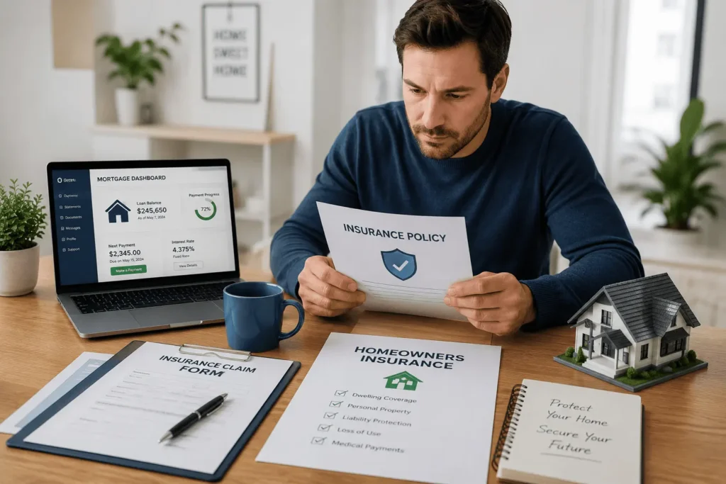 RoundPoint Mortgage Insurance Department overview with insurance policy, mortgage dashboard, and homeowner review.
