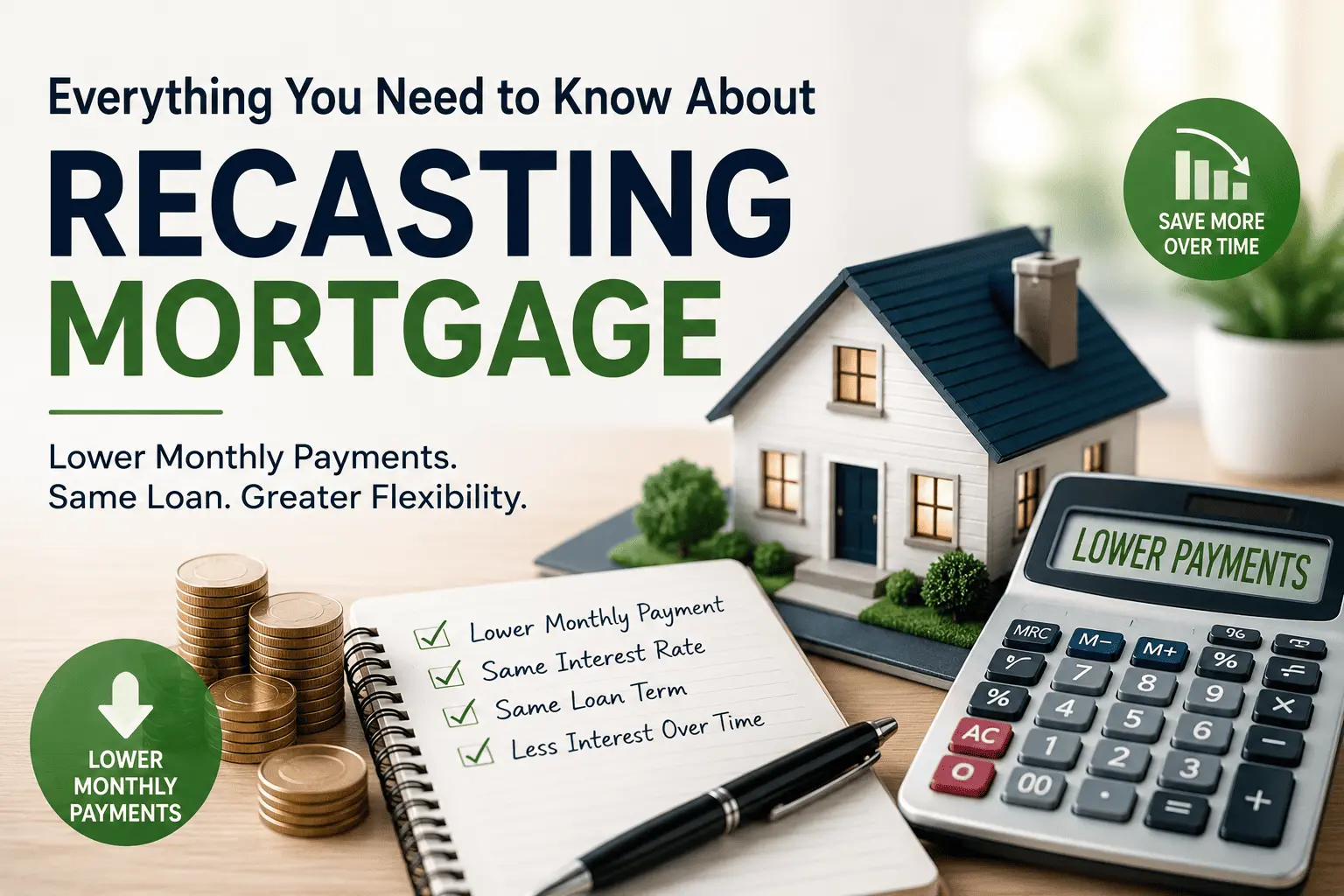 Recasting mortgage guide illustrating lower monthly payments and long-term interest savings