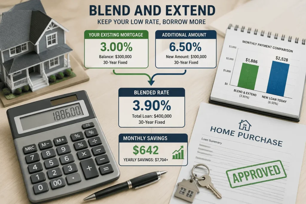 Portable mortgage rates blend and extend example showing low rate savings when buying a more expensive home