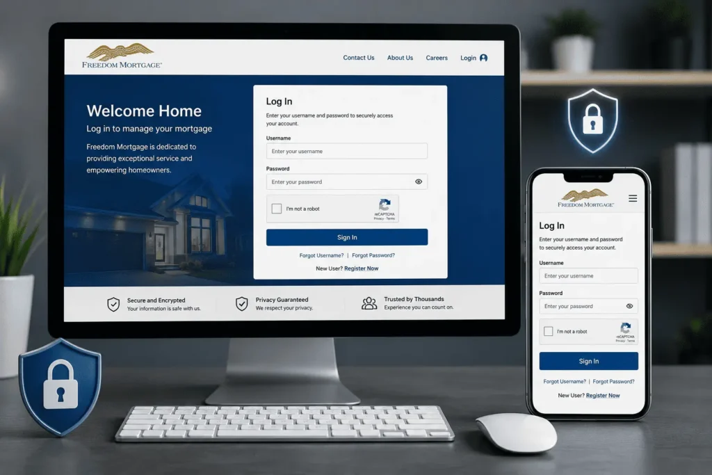 Freedom Mortgage Login portal showing secure account access on desktop and mobile devices