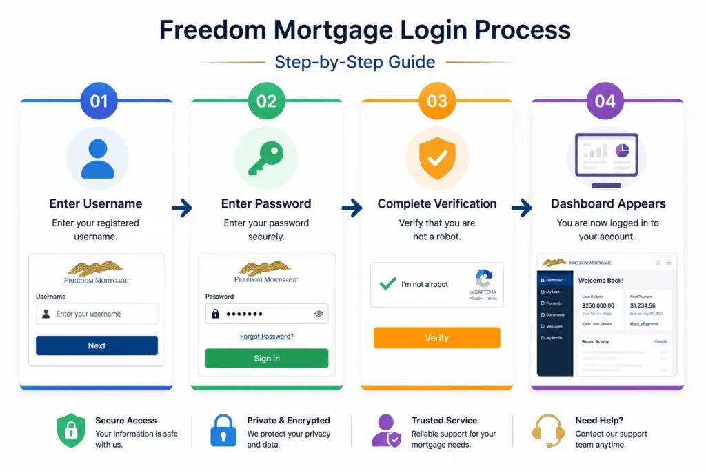 Freedom Mortgage Login step-by-step guide showing username entry, password login, verification, and account dashboard access