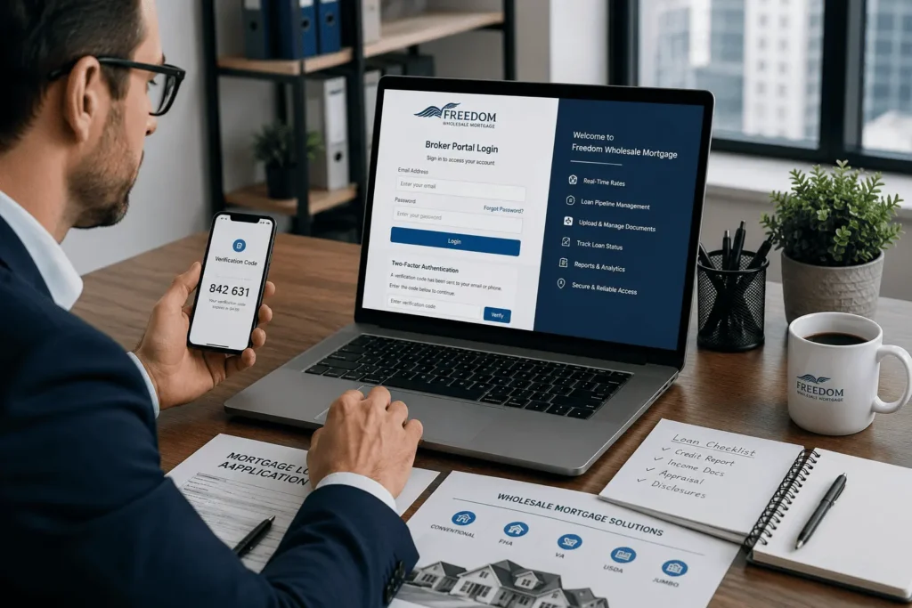 Mortgage broker accessing Freedom Wholesale Mortgage login portal with two-factor authentication on laptop and smartphone