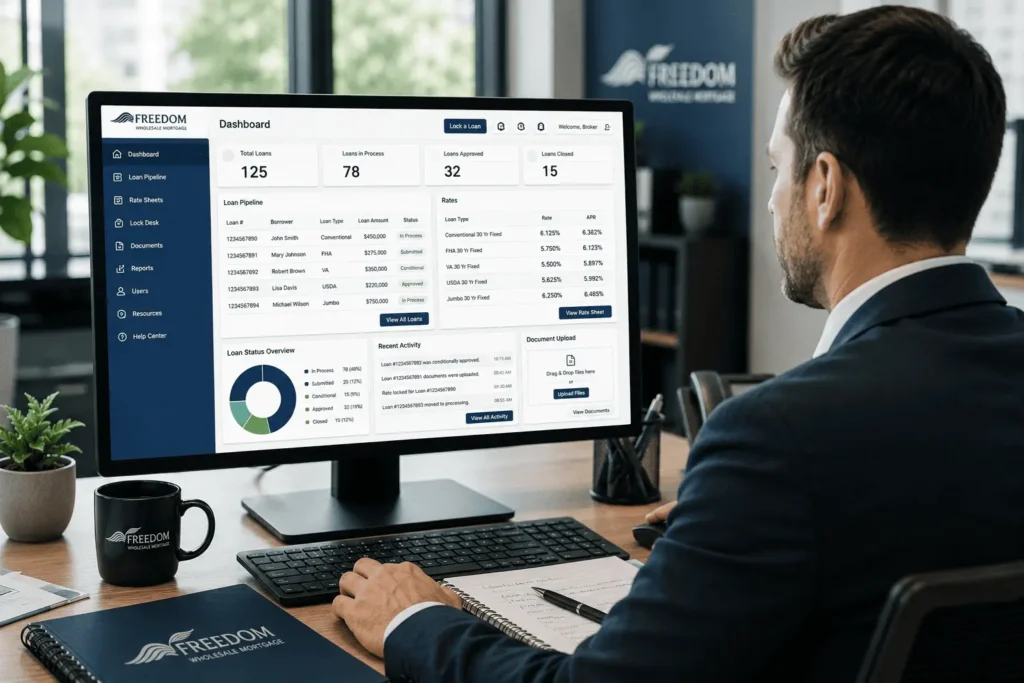 Freedom Wholesale Mortgage login dashboard showing loan pipeline management and mortgage rate tools