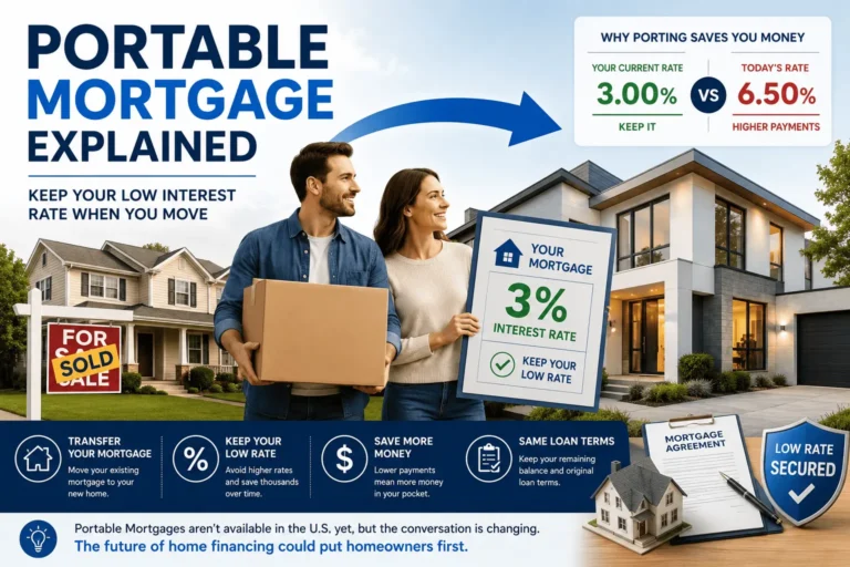 How would a portable mortgage work illustration showing homeowners transferring a low mortgage rate to a new home.