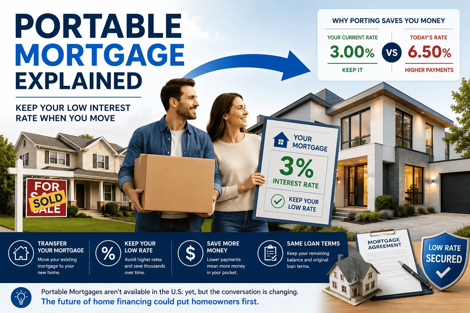How would a portable mortgage work illustration showing homeowners transferring a low mortgage rate to a new home.