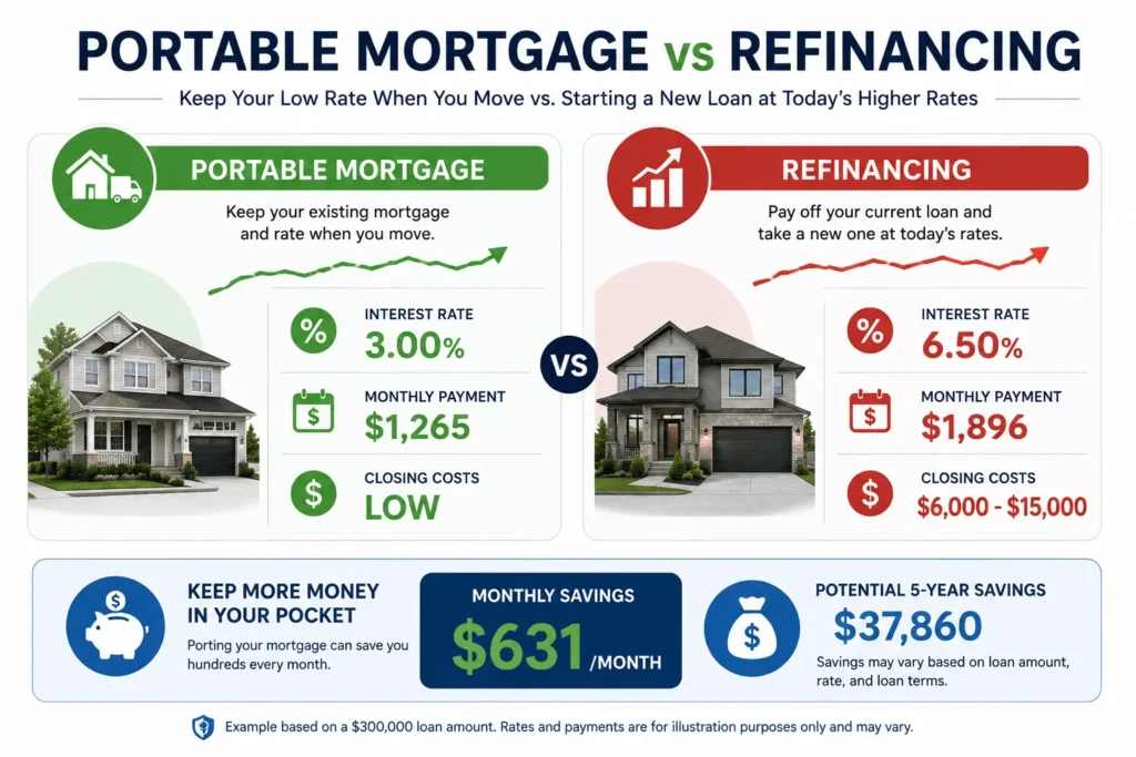 How would a portable mortgage work comparison showing portable mortgage vs refinancing with lower interest rates, monthly payments, and closing costs.