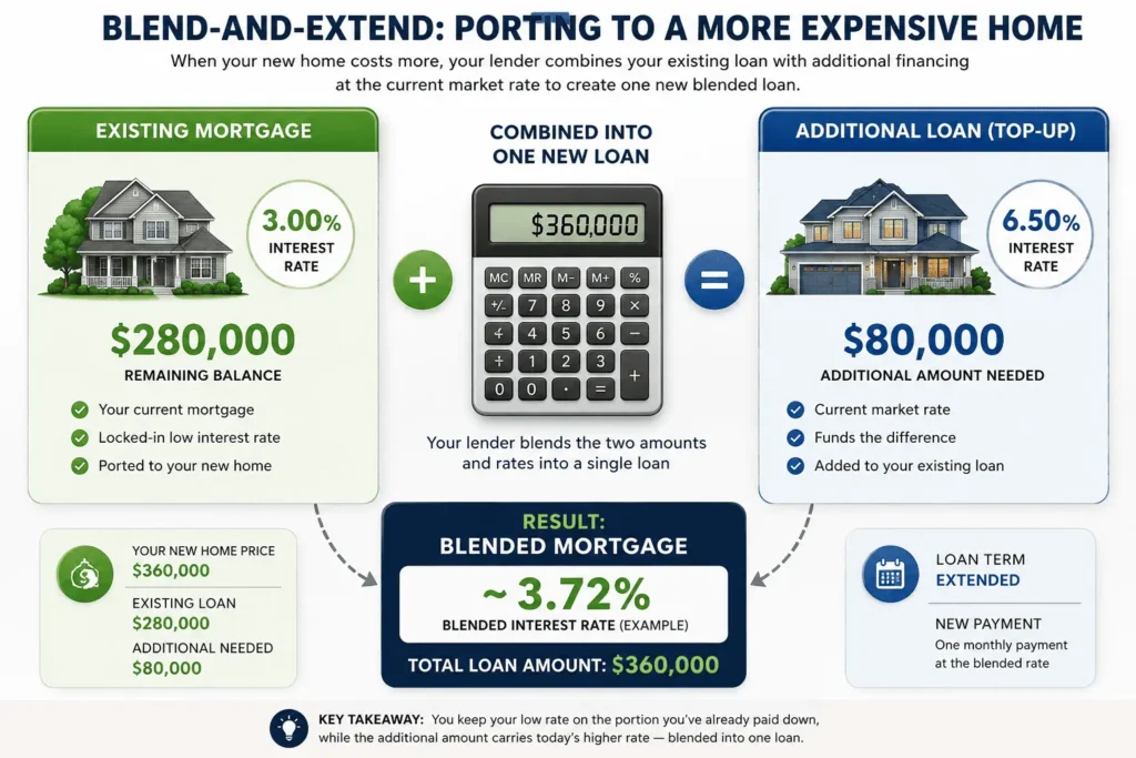 Portable mortgage blend and extend example showing existing mortgage and additional financing combined into one loan