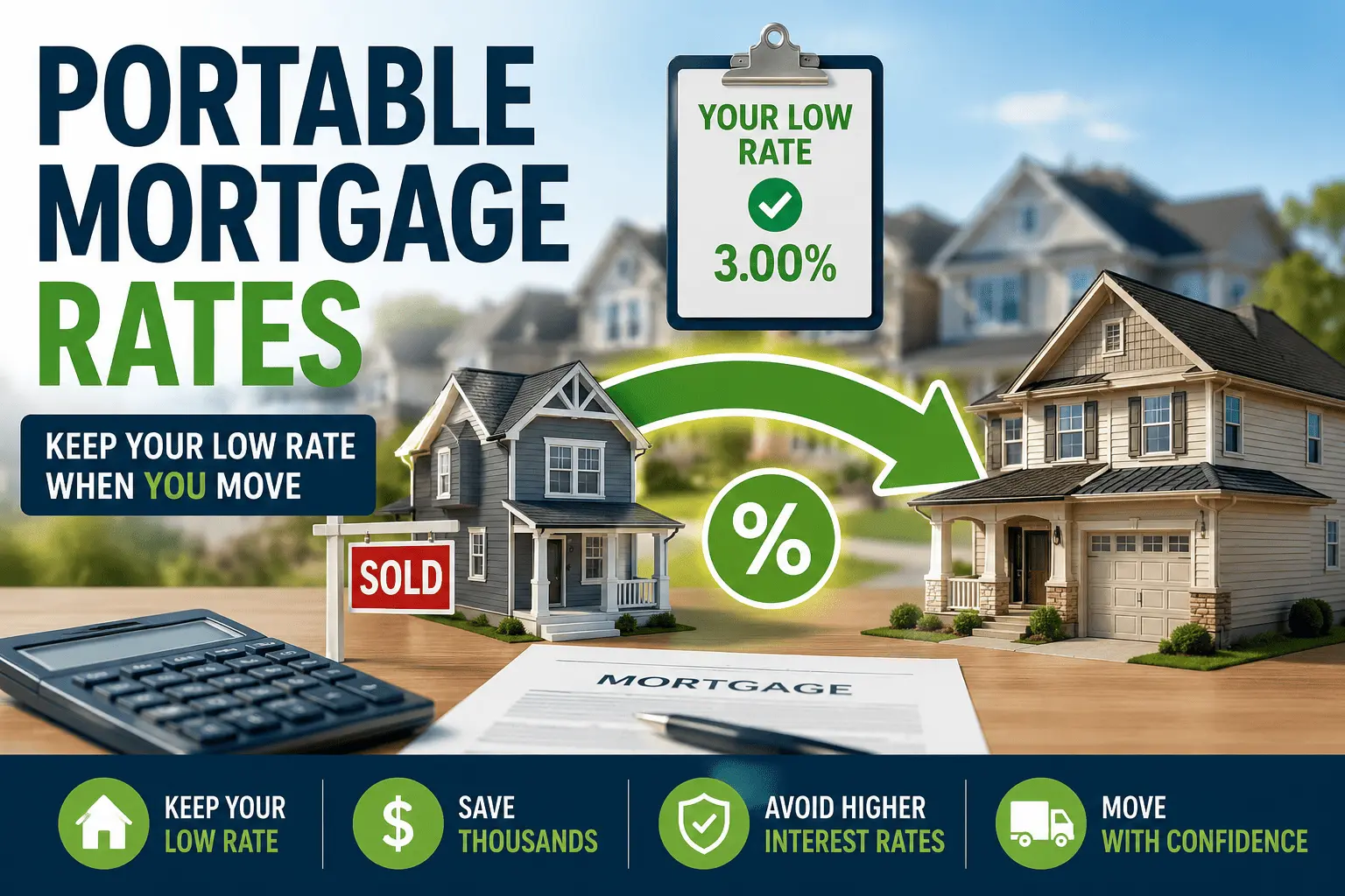 Portable mortgage rates illustration showing homeowners keeping a low mortgage rate when moving homes