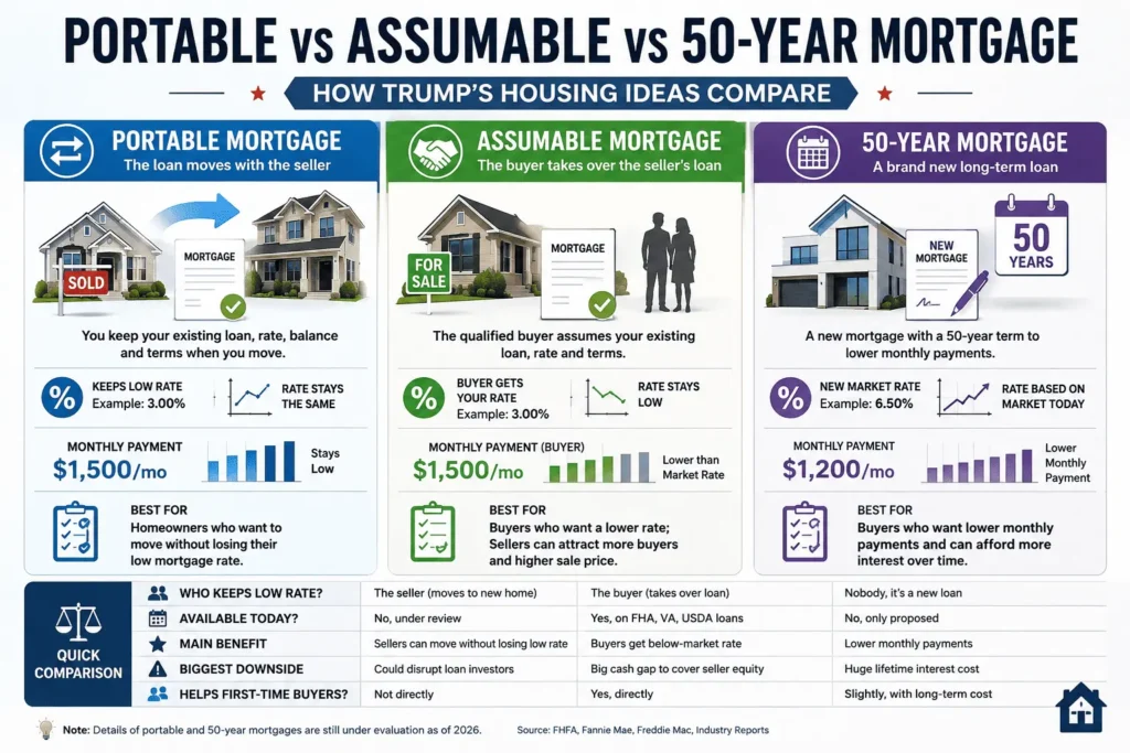 Portable Mortgage Trump comparison showing portable, assumable, and 50-year mortgage options