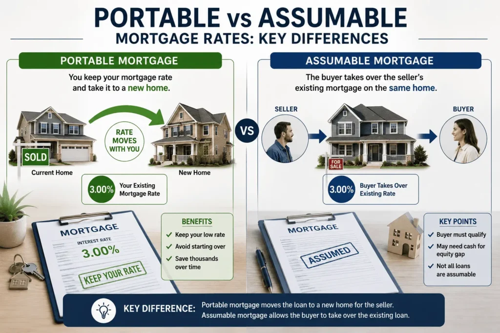 Portable mortgage rates vs assumable mortgage rates comparison showing key differences for homeowners