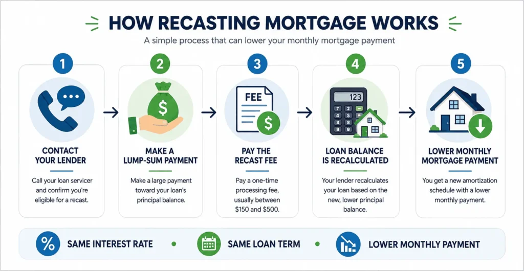 Recasting mortgage guide showing the loan recast process and payment reduction benefits