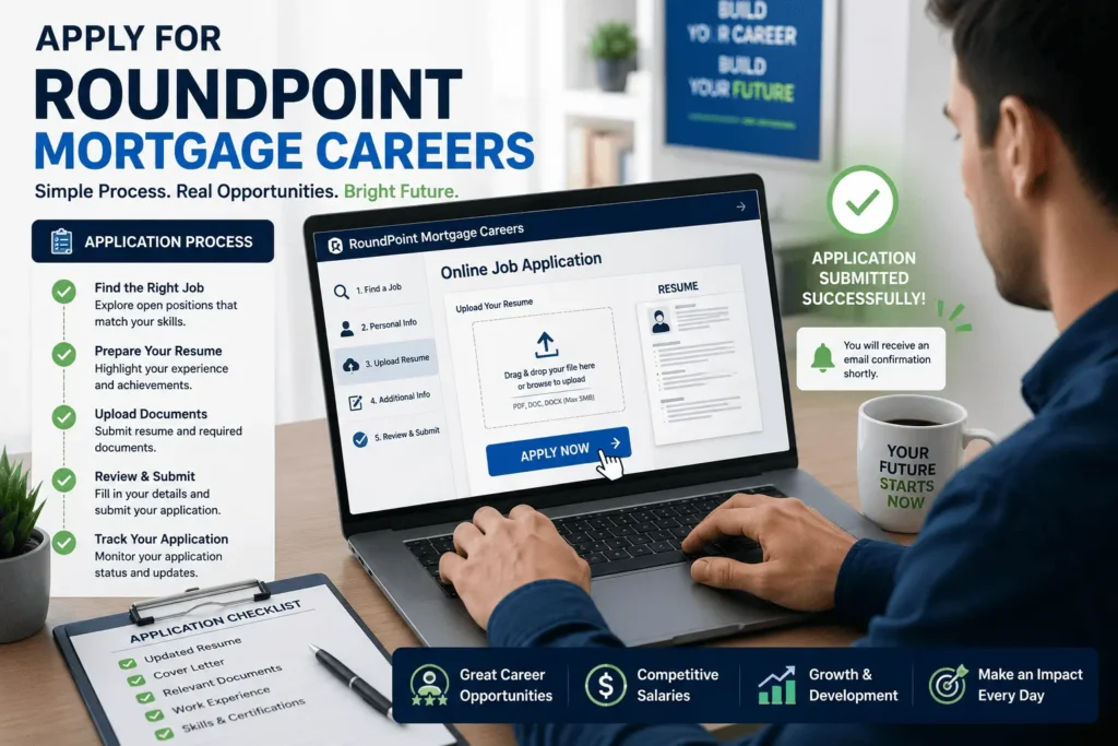 RoundPoint Mortgage Careers online job application with resume upload, hiring process, and application dashboard