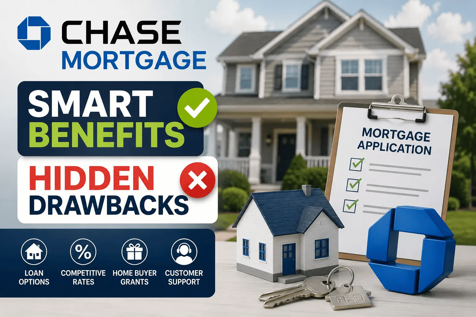 Chase Mortgage guide showing smart loan benefits, hidden drawbacks, homebuyer grants, rates, and loan options
