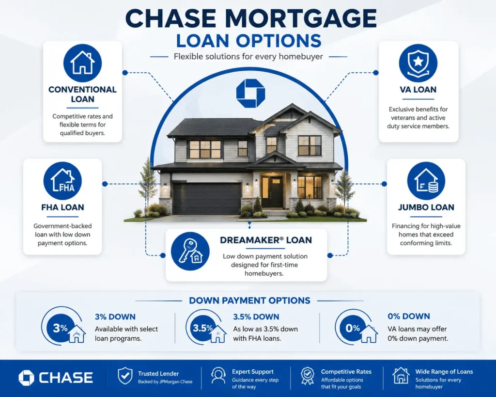 Chase Mortgage loan options comparing conventional, FHA, VA, jumbo, and DreaMaker loans with low down payments