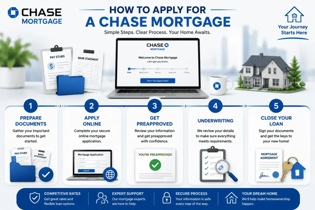 Chase Mortgage application process showing documents, online application, preapproval, underwriting, and loan closing