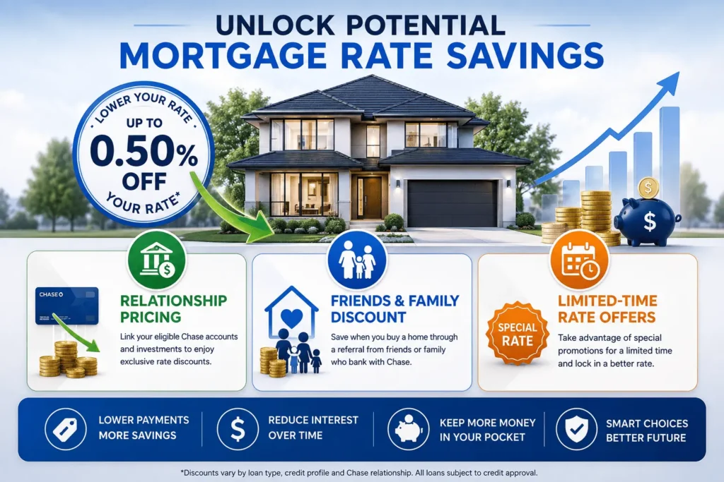 Chase Mortgage Rates discount options featuring relationship pricing, family savings, and limited-time offers