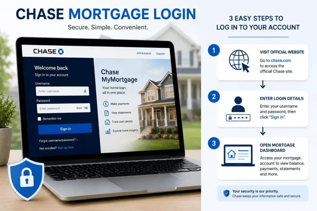 Chase Mortgage Login desktop guide showing secure sign-in steps, account access, and the mortgage dashboard