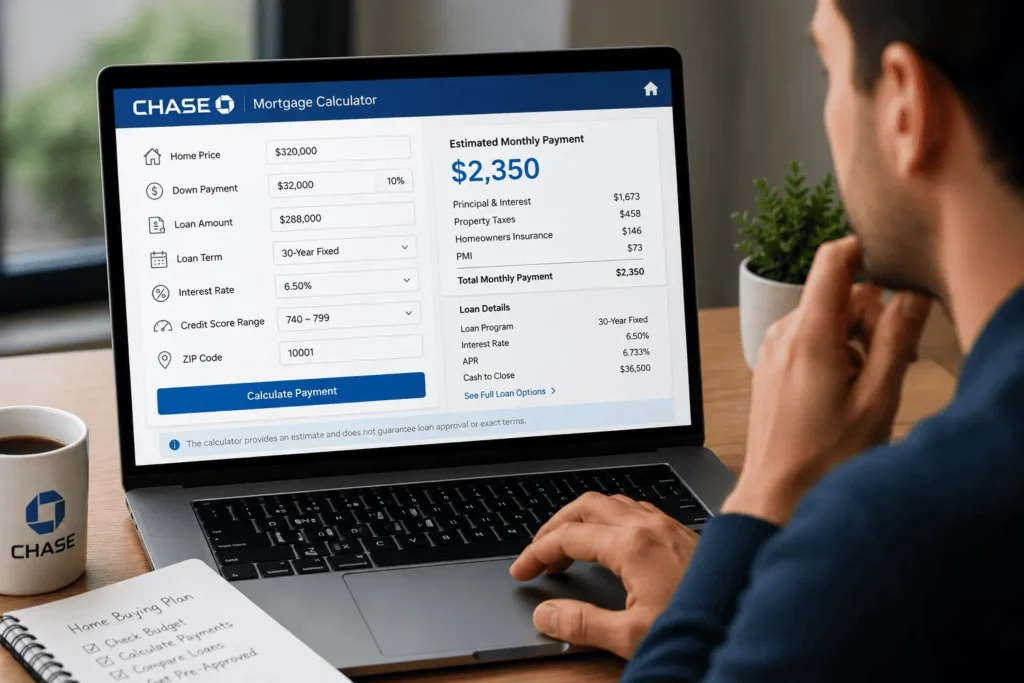Chase Mortgage Calculator displaying home price, loan details, and monthly payment estimates on a laptop screen