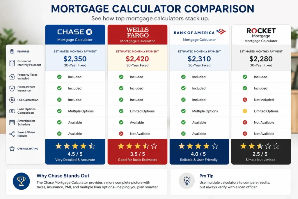 Chase Mortgage Calculator comparison showing payment estimates, taxes, insurance, and loan features across top banks