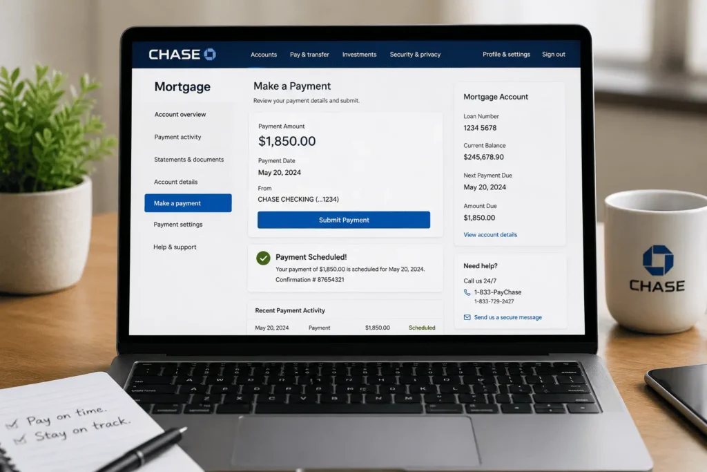 Chase Mortgage Payment online dashboard showing secure login, payment options, and payment confirmation.