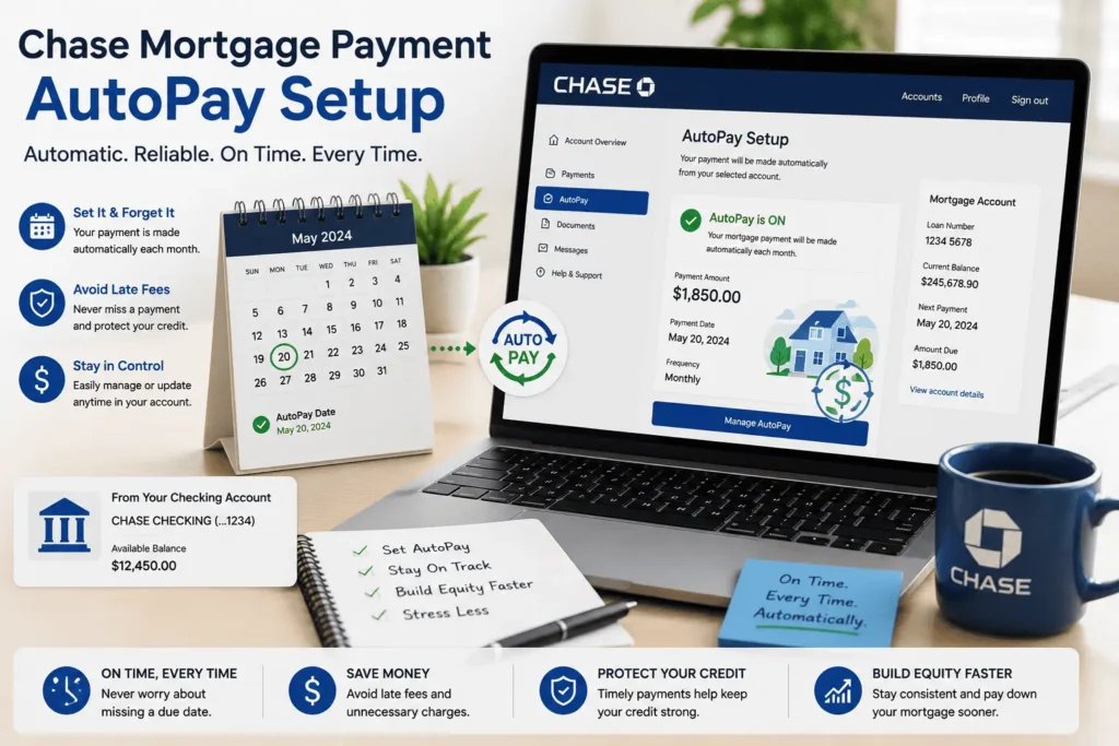 Chase Mortgage Payment AutoPay setup showing automatic monthly payments and secure mortgage scheduling.