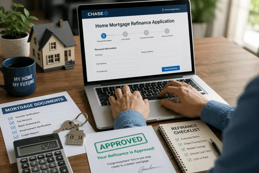 Homeowner applying for Chase Home Mortgage Refinance Rates online with mortgage documents and calculator.