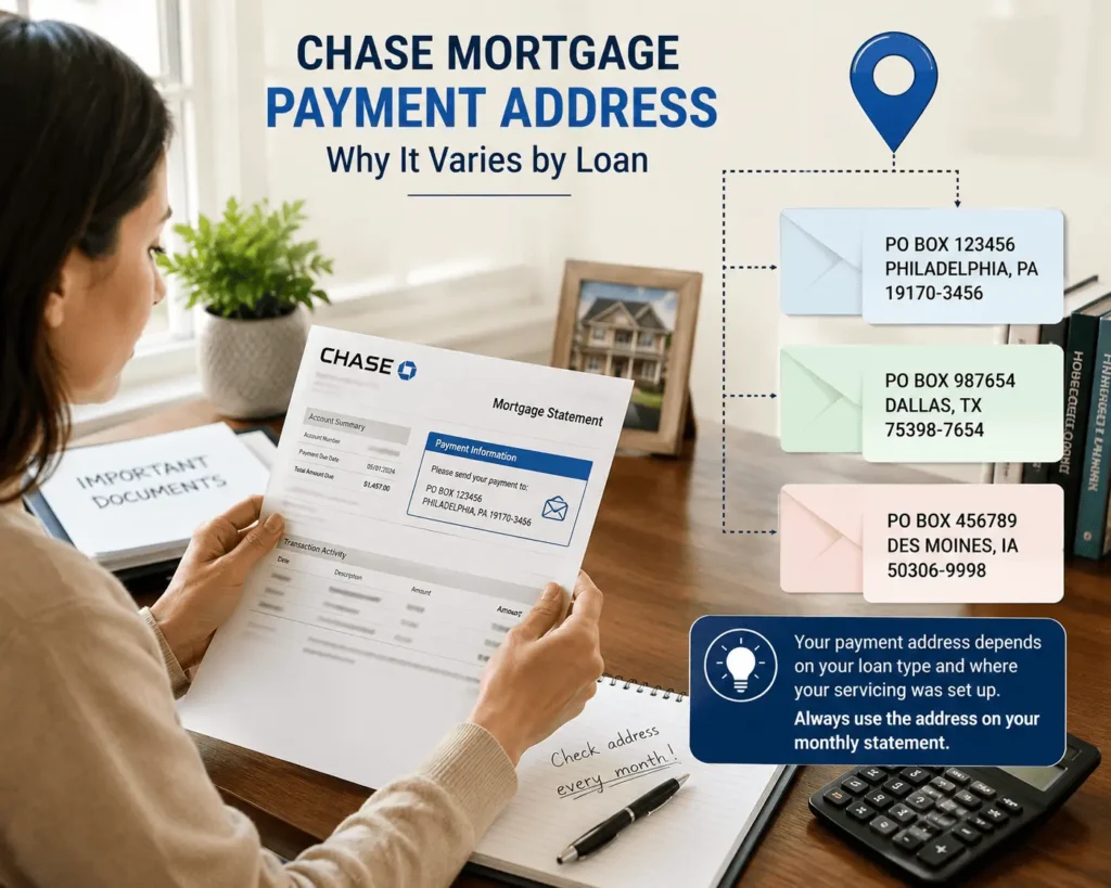 Chase Mortgage Payment Address on a mortgage statement showing where homeowners should mail monthly loan payments safely.
