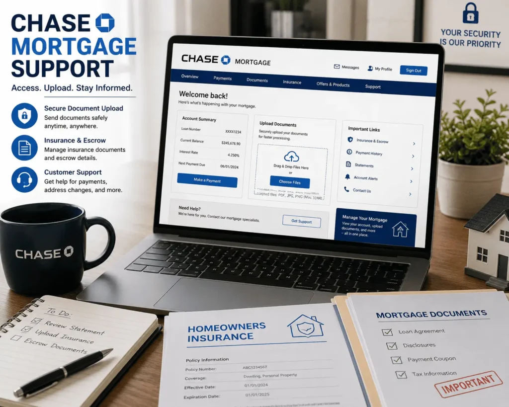 Chase Mortgage Address resources for insurance documents, secure uploads, and official mortgage customer support options.