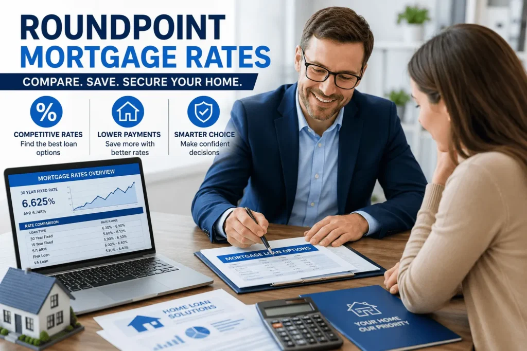 RoundPoint Mortgage Rates consultation with a mortgage advisor, loan documents, calculator, and home model comparison.