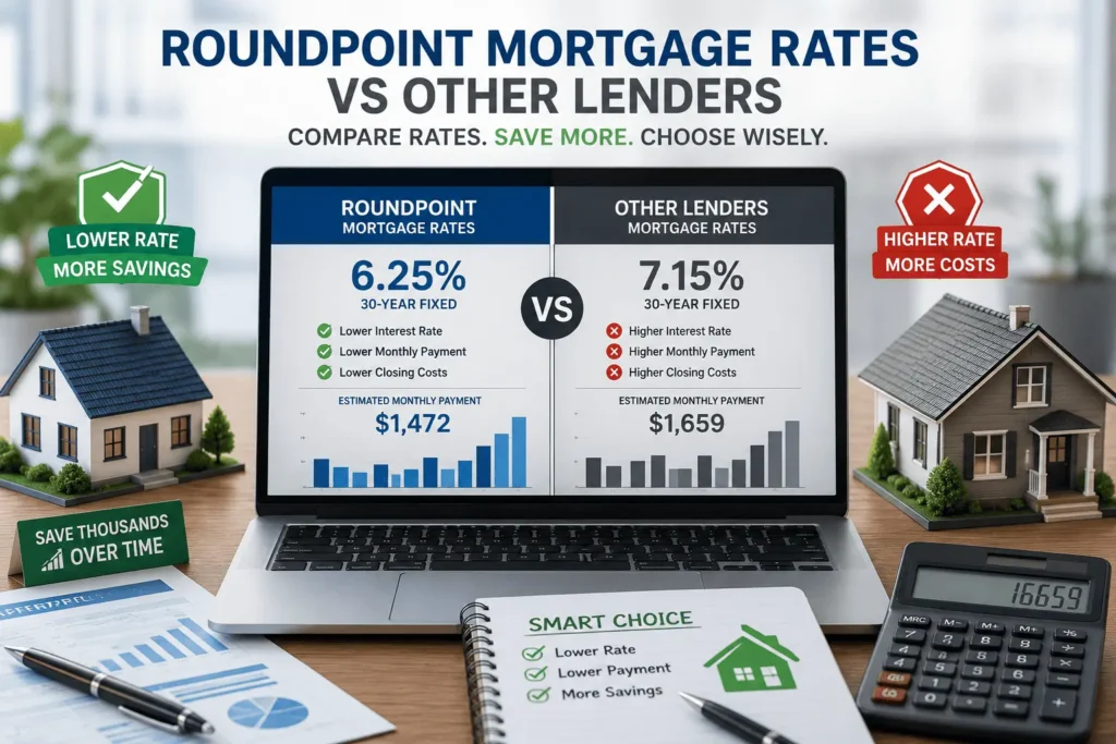 RoundPoint Mortgage Rates vs other lenders comparison with calculator, laptop, charts, and home models.
