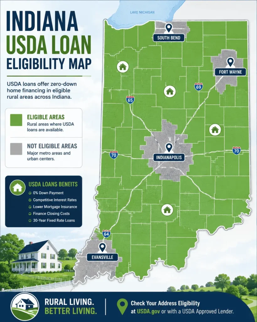 Indiana USDA eligibility map highlighting rural areas that qualify for USDA Loans Indiana in 2026.