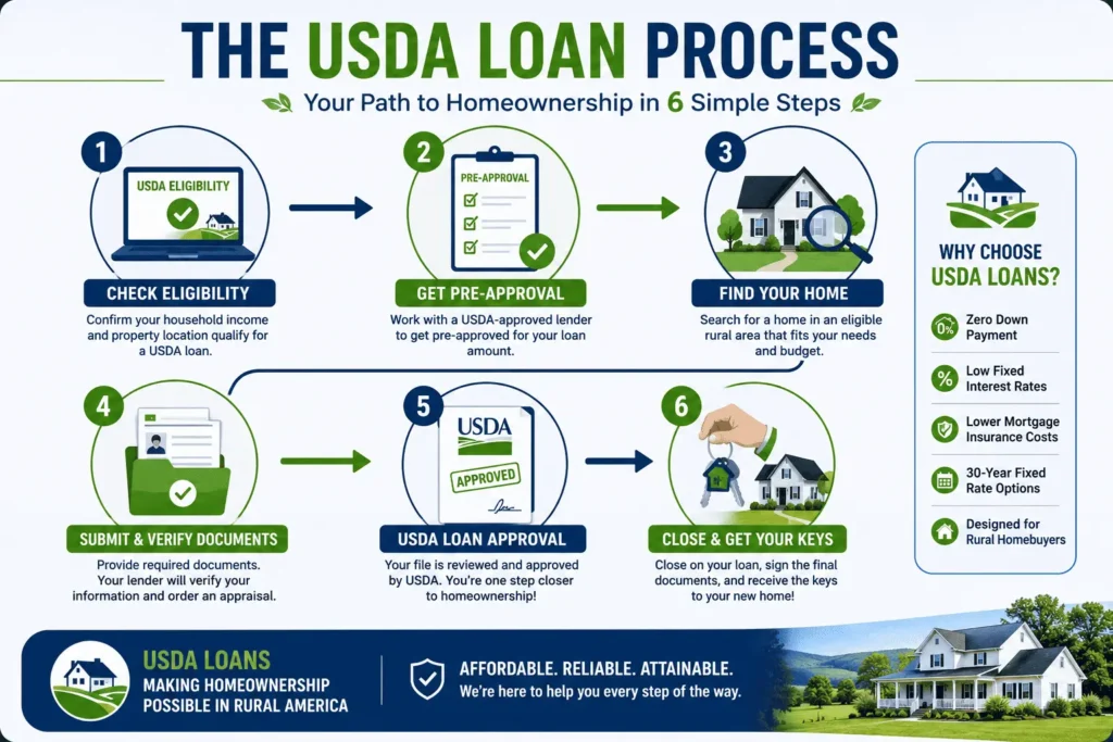 Step-by-step USDA Loans Indiana application process from eligibility check to home loan approval and closing.