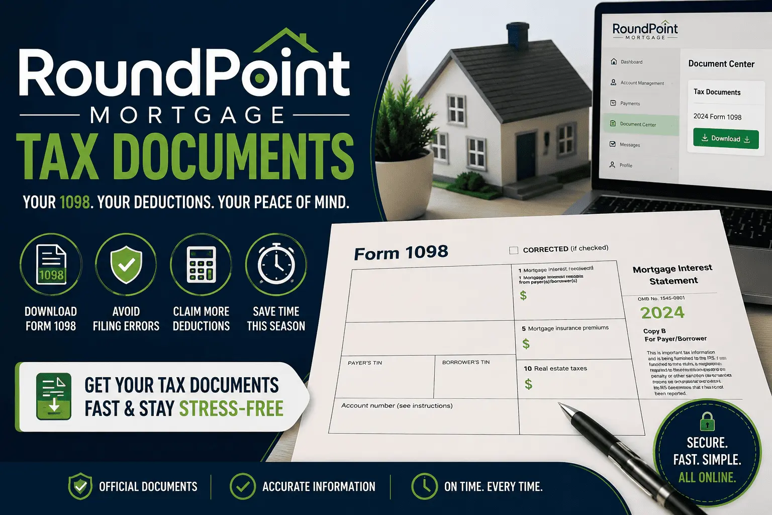 RoundPoint Mortgage Tax Documents guide showing Form 1098 download, secure online tax access, and filing support